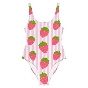 Strawberry Print One Piece Swimsuit, Pink Striped Swimwear