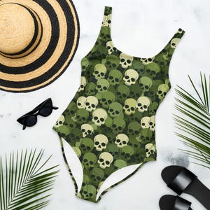 Camouflage Skull One Piece Swimsuit, Green Gothic Swimwear