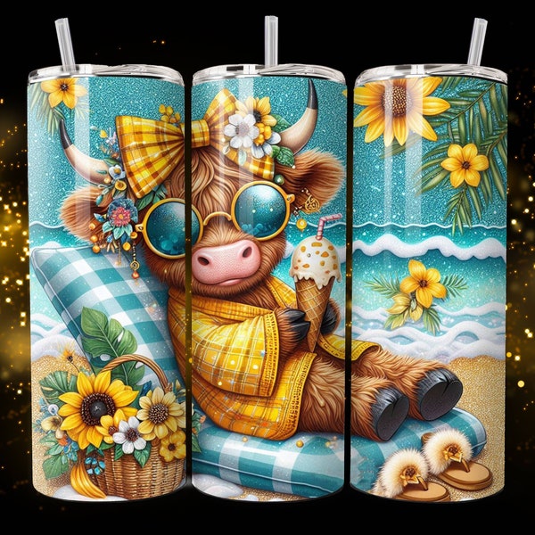 Highland Cow Western Sunflower Tumbler Wrap, 20oz Skinny Tumbler, Cute Cow on Beach PNG, Hello Summer Design, Instant Sublimation Download