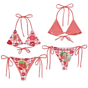 Kiss Print String Bikini, Strawberry Gingham Ice Cream Swimsuit