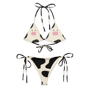 Cow Print Bikini Set, Kawaii Black and White Swimsuit, Cute Farmcore Swimwear