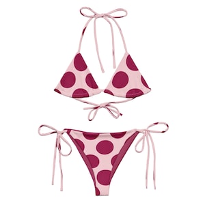 Pink Polka Dot Bikini, Burgundy Adjustable String Swimsuit Set