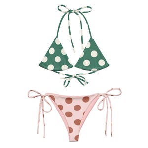 Polka Dot Bikini Set, Green and Pink Adjustable String Swimsuit