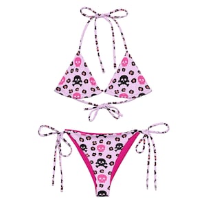 Pink Skull Adjustable Bikini, Leopard Print Gothic Swimsuit