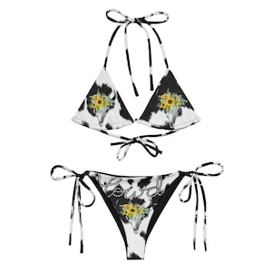 Cow Print String Bikini: Sunflower Bull Skull, Adjustable Swimsuit