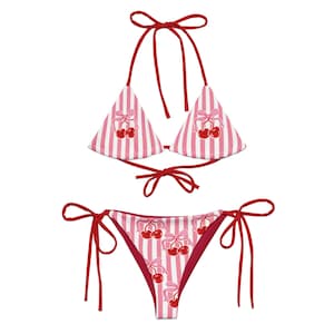 Cherry Stripe Bikini Set – Pink and Red Retro Fruit Swimwear