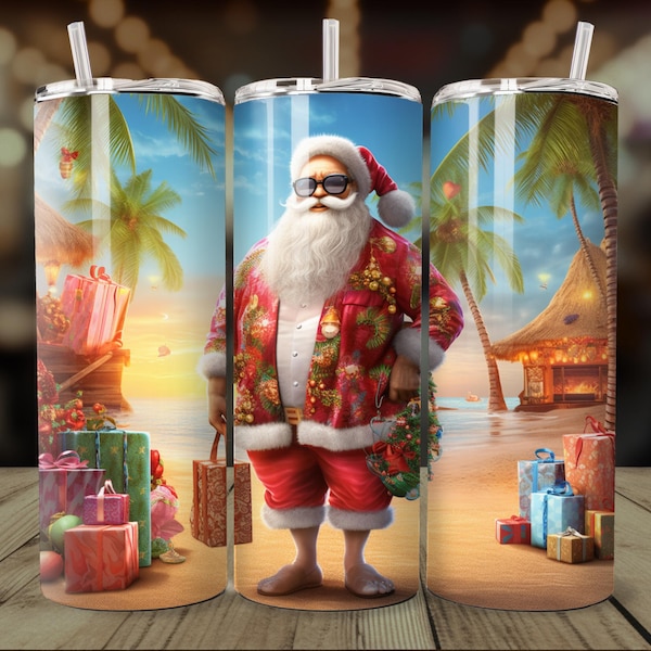 Santa Claus Tumbler Wrap PNG, 20 Oz Skinny Sublimation Tumbler, Hawaii Tropical Christmas Design, Funny Santa on Beach Digital File