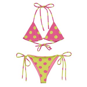 Pink and Lime Polka Dot Bikini, Adjustable String Swimsuit Set