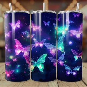 Butterfly Tumbler Wrap, Christmas Butterfly Glowing Dark Night Tumbler, Christmas Sublimation Design, 20oz or 30oz Tumbler, Neon Tumbler PNG