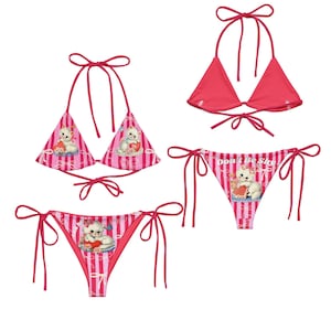 Playful Kitten Bikini, Retro Pink Stripe Swimsuit for Summer