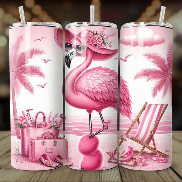 Pink Flamingo Tumbler Wrap, Soft Girl Glitter Tumbler, 20 Oz Skinny Tumbler Sublimation Design, Summer Digital Download, Beach Tumbler Png