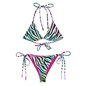 Zebra Print Bikini Set, Neon Rainbow Swimsuit, Y2K Aesthetic Summer Swimwear