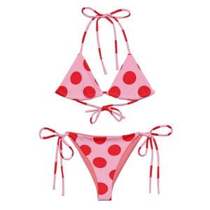 Pink Polka Dot Bikini, Red Adjustable String Swimsuit Set