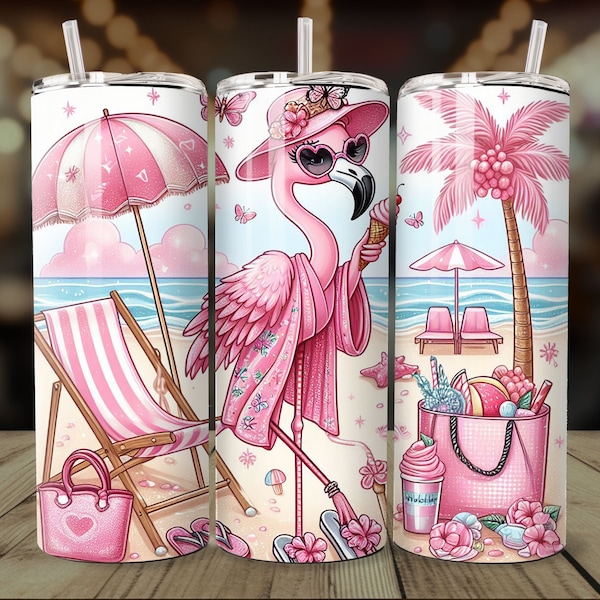 Pink Flamingo Tumbler Wrap, Glitter Rhinestone Tumbler, 20 Oz Skinny Tumbler Sublimation Design, Summer Digital Download, Beach Tumbler Png