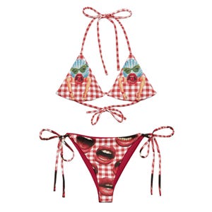 Y2K Gingham Bikini Set, Red Adjustable Swimsuit with Pop Art Print