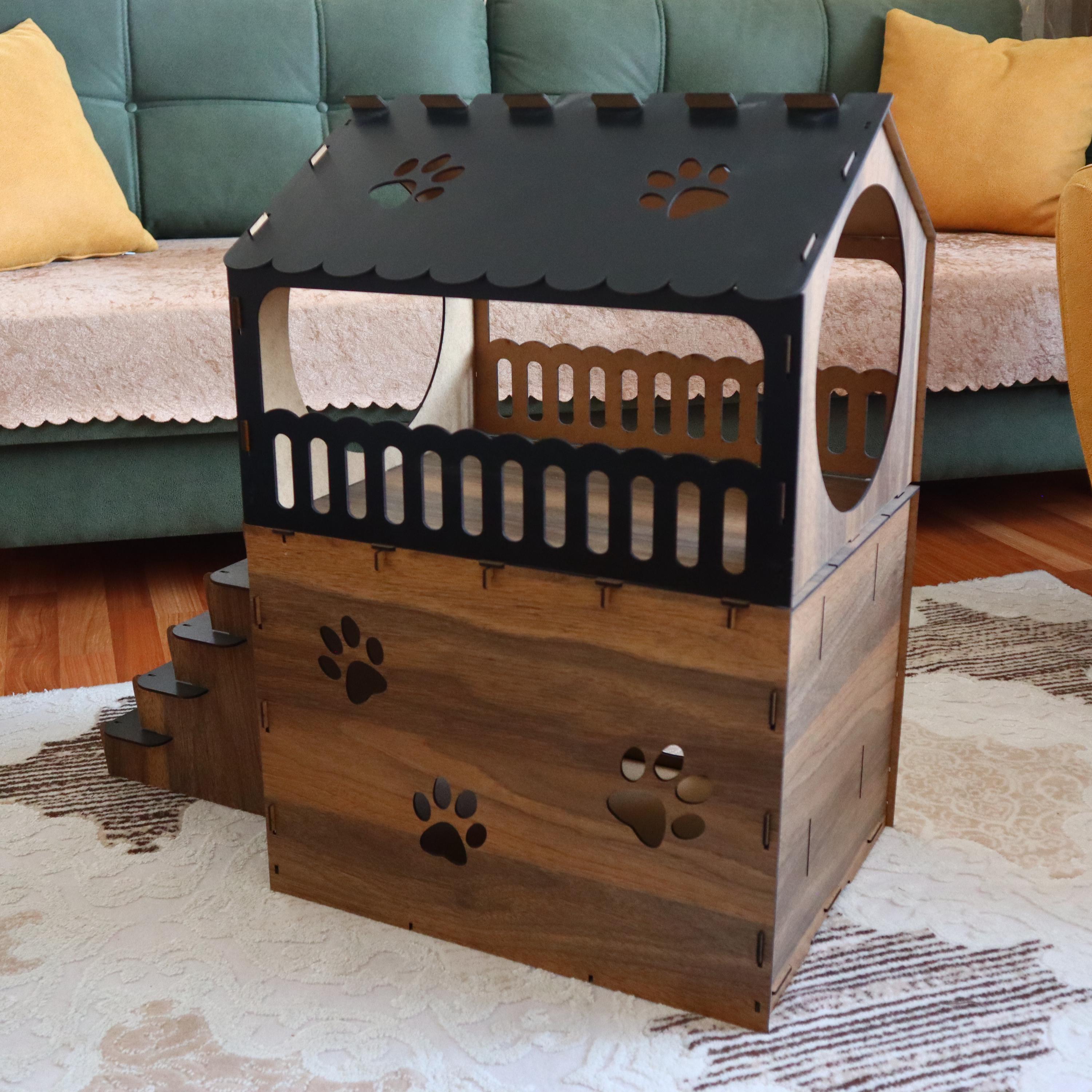 Jungengel XL Kattenhuis Binnen – 2 Verdiepingen Met Trap & Balkon, MDF, Bruin-Wit, Zonder Gereedschap