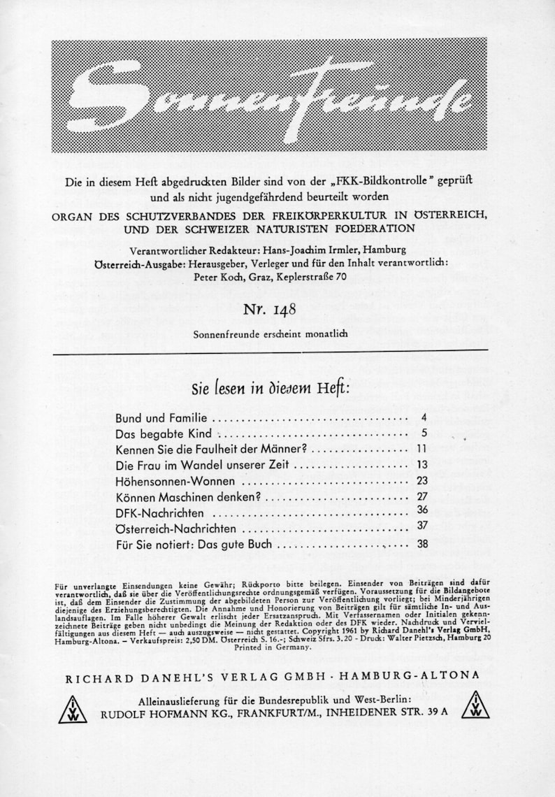 Натуристский журнал Sonnenfreunde N148 Ричард Данельс Verlag Deutschland Fr...