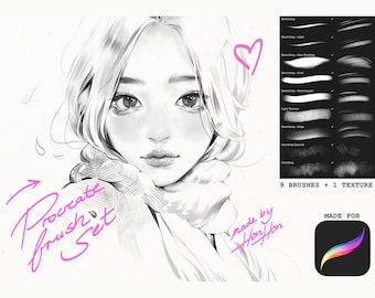 May include: A black and white illustration of a woman's face with a pink heart and the text "Procreate Brush Set" in pink. The image also includes a set of 9 brushes and 1 texture for Procreate, made by HonHon.