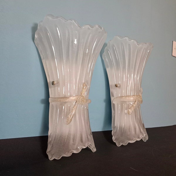 Pair of Murano Glass Wall Lamps,Barovier & Toso/Crystal Glass Wall Lamps/Vintage Sconce/Seashell Wall Light/Mid Century Wall Light