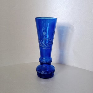 Bohemian Crystal Czech Cobalt Blue Vase /Mid Century Cobalt Blue Vase Glass Cut Floral Motif/Vintage Glass Vase