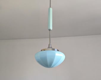 Art Deco Blue Glass Pendant Lamp,30s/Art Deco Ceiling Lamp/Vintage Blue Glass Pendant Lamp/Mid-century Modern Lighting/MCM Hanging Lamp