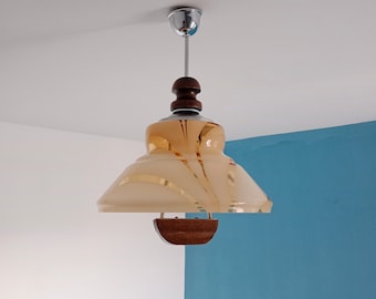 Mid Century Glass Hanging Lamp/Murano Glass Pendant Lamp/Vintage Ceiling Lamp/MCM Modern Lighting/Glass Wood Ceiling Lamp/1970s Lighting