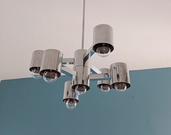 Mid Century Modern Chandelier by Geatano Sciolari,60s,Italy/Vintage Chrom Ceiling Light/Vintage Metal Chandelier/Tubes Chandelier