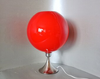 Rymdåldersbordslampa/Kullampa i opalglas från mitten av århundradet/Röd glasbordslampa i vintagestil/70-talslampa/Retrolampa/Nattduksbordslampa