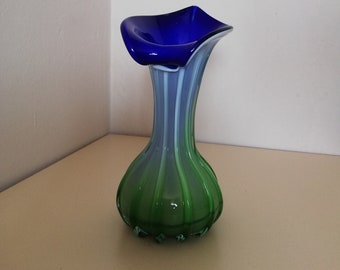 Vintage Jack In The Pulpit Lily Glass Vase / Blue Green White Blown Glass Vase / Murano Glass Vase / Mid Century Glass Vase