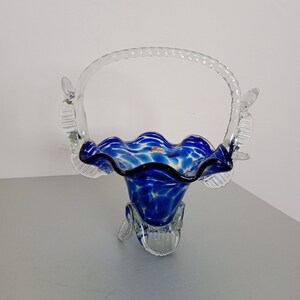 Vintage Murano Style Blown Glass Basket/Space Age Cobalt Blue Glass Decorative Basket/Mid Century Art Glass/Decorative Glass/MCM Glass