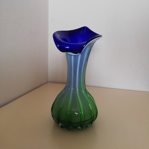 Vintage Jack In The Pulpit Lily Glass Vase / Blue Green White Blown Glass Vase / Murano Glass Vase / Mid Century Glass Vase