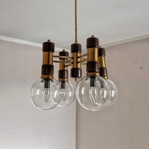 Space Age Brass Glass Geometric Chandelier/Atomic Age Chandelier/Vintage Glass Globes Pendant Lamp/MCM Modern Chandelier/Retro Lighting