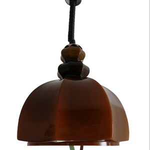 May include: A brown ceramic pendant light with a black adjustable cord and a brown and gold ceramic finial.
