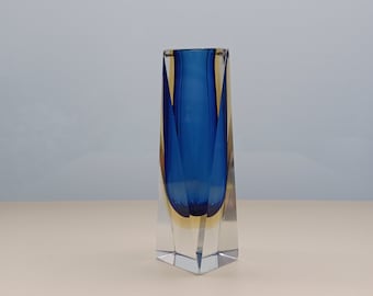 Vintage Italian Blue & Yellow Sommerso Murano Glass Vase by Alessandro Mandruzzato/Murano Glass Vase/Mid Century Art Glass