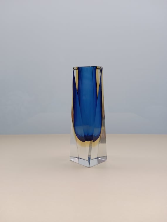 工芸品 Murano Glass Vase (Blue & Yellow) Vintage Italian Blue & Yellow Sommerso Murano Glass Vase by