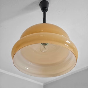 May include: A beige glass pendant light fixture with a black cord and a single light bulb.