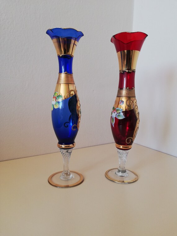 ボヘミアグラス 青色花瓶 金色装飾付き Amazon.co.jp: ボヘミアン