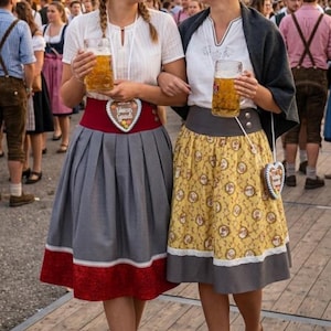 Könnte beinhalten: Zwei Frauen in traditionellen deutschen Dirndl-Kleidern, die große Bierkrüge halten. Ein Kleid ist grau mit rotem Saum, das andere gelb mit grauem Saum. Beide tragen herzförmige Anhänger.