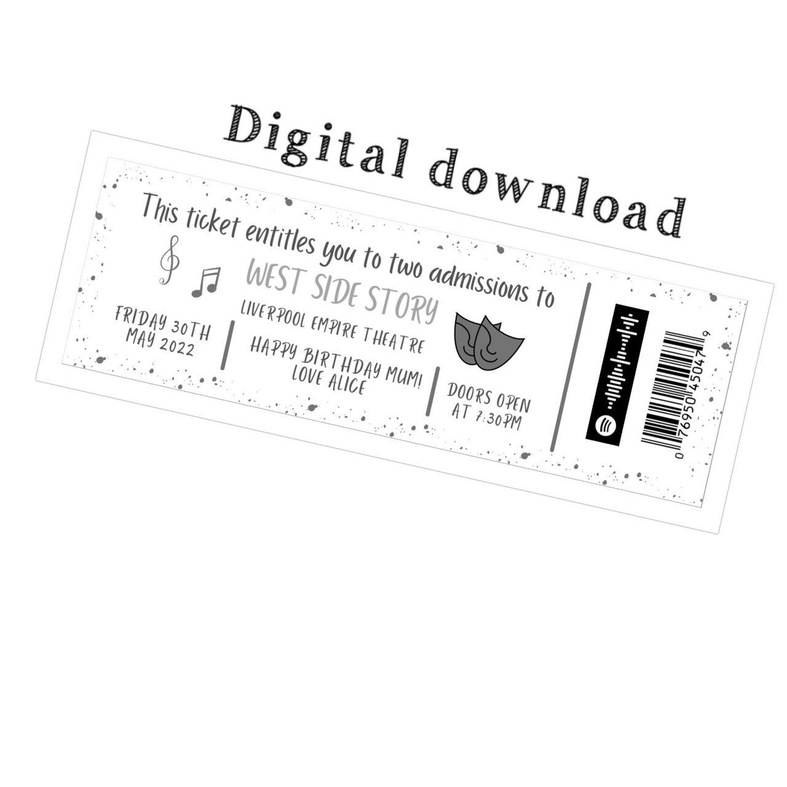 Digital Editable Theatre ticket/ gift voucher Grey. Etsy