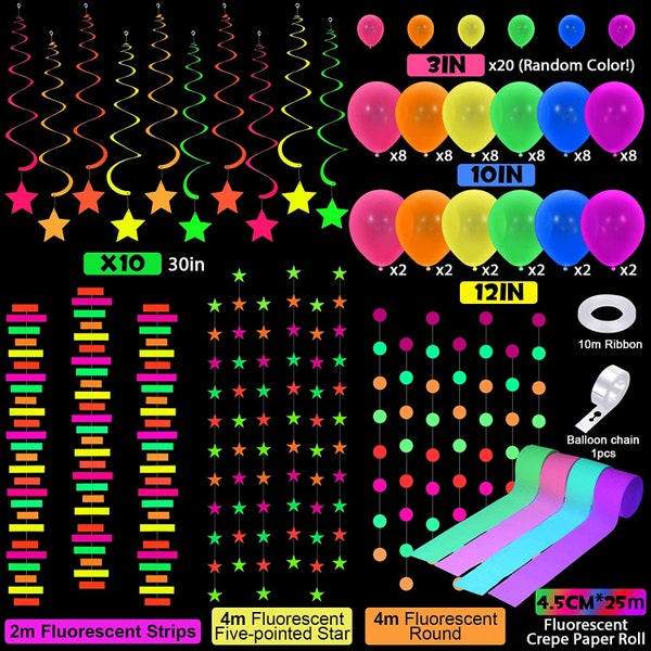104Pcs Neon Glow in The Dark Birthday Party Decorations Supplies Glow Party Neon Balloon Garland Kit Neon Streamers