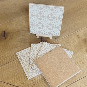 Può includere: Set di sei sottobicchieri con diversi motivi geometrici bianchi su sfondo beige. Un sottobicchiere è in sughero.