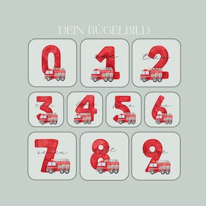 May include: Nine iron-on patches featuring red watercolor numbers with a fire truck design. Each patch includes the number and the word for the number written in black.