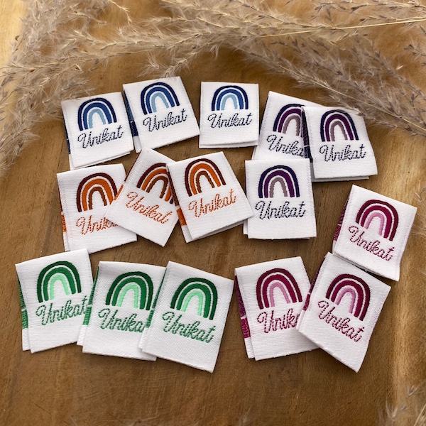 15 Stück Label Unikat Regenbogen in Lila, Orange, Rosa, Grün und Blau Web Etiketten Annäher Textiletiketten gewebtes Label Einnäher