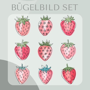 Könnte beinhalten: Ein Set aus neun Erdbeer-Bügelbildern. Jede Erdbeere ist rosa mit einem grünen oder blauen Stiel, und einige haben florale Designs. Der Text "BÜGELBILD SET" steht oben und "Inklusive Anleitung und Test-Bügelbild" unten.