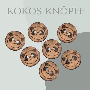 May include: Seven brown wooden buttons with a panda bear design. The buttons have two holes and are perfect for sewing projects.