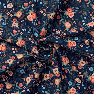 Fairytale Flowers Dark Blue Jersey Cotton Jersey Fabric