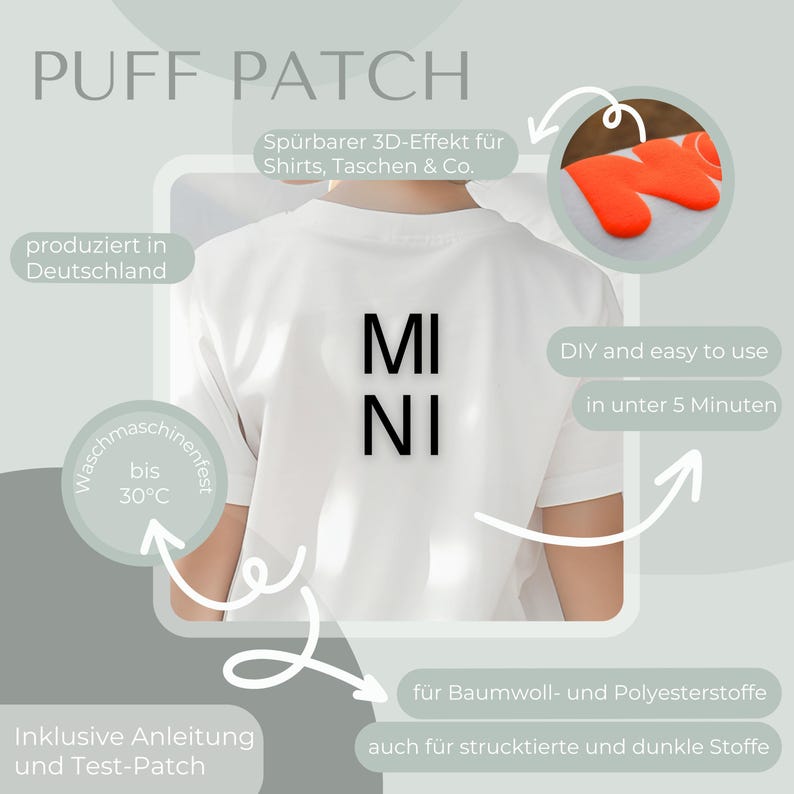 Puede incluir: Una camiseta blanca con la palabra "MINI" en letras negras. La imagen incluye texto en alem&aacute;n, incluyendo "PUFF PATCH" e instrucciones de uso. El parche es lavable hasta 30&deg;C y apto para tejidos de algod&oacute;n y poli&eacute;ster.