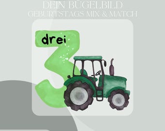 Traktor grün Geburtstagszahl Mix & Match Bügelbild