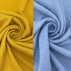 Muslin eyelet embroidery baby blue, mustard ochre embroidery double gauze