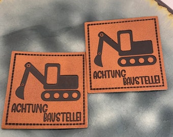 Attention construction site excavator artificial leather label in-house production
